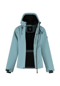 Lichtblauwe hooded jack met zwarte binnenvoering, voorritssluiting, borstzak en verstelbare polsbanden, ontworpen voor buitenshuis gebruik.