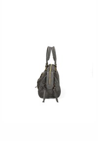 Borsa a mano in pelle grigia con manici intrecciati, zip dorata e accenti laterali. Caratterizzata da una forma arrotondata e più scomparti.
