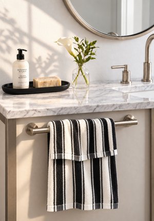 Lavabo de salle de bain en marbre avec robinet argenté, plateau noir avec lotion et savon, vase transparent avec fleur blanche, et serviette rayée noir et blanc.