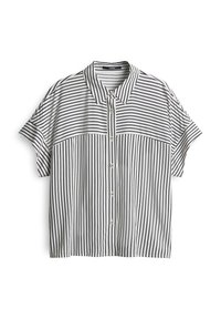 Camicia button-up a maniche corte con un motivo a righe bianche e nere, colletto e vestibilità rilassata. Tessuto dall'aspetto liscio.
