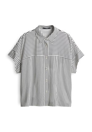 Chemise à manches courtes avec un motif rayé noir et blanc, dotée d'un col et d'une coupe décontractée. Texture de tissu lisse.