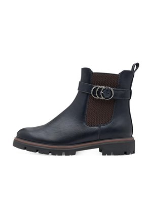 Bottines en cuir bleu marine avec un panneau élastique marron, des accents en anneau argenté et une semelle en caoutchouc texturée.