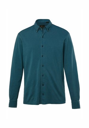 Teal lang mouwen overhemd met knopen, gemaakt van zachte stof. Heeft een klassieke kraag, zwarte knopen en een relaxte pasvorm met een rechte zoom.