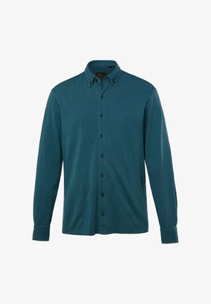 Chemise boutonnée à manches longues en teal fabriquée en tissu doux. Présente un col classique, des boutons noirs et une coupe décontractée avec un ourlet droit.