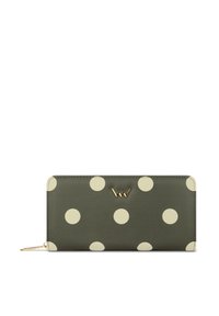 Green wallet with large cream polka dots, featuring a gold logo, smooth leather texture, and a zip closure with a decorative pull.
