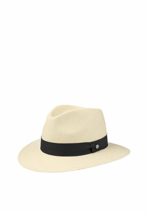 Cream-colored straw fedora hat with a wide brim and a black ribbon band wrapped around the base of the crown.