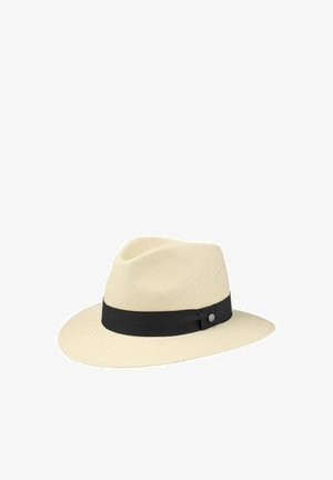 Cream-colored straw fedora hat with a wide brim and a black ribbon band wrapped around the base of the crown.