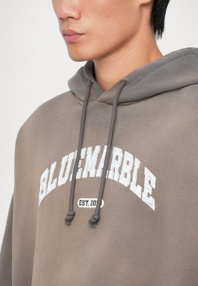 Sweat-shirt à capuche en gris atténué. Présente le texte blanc "BLUEMARBLE EST. 2019" avec une broderie épaisse et texturée, et un cordon de serrage ajustable.