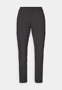Mustat, kevyet housut, joissa on slim fit -malli. Housuissa on sileä pinta, nappikiinnitys ja hienovarainen ruutukuvio.