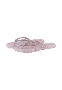 Infradito rosa con suole texturizzate, dettagli intrecciati e cinghie scintillanti. Materiale morbido con un design semplice.