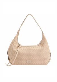Borsa a tracolla in pelle intrecciata di un beige chiaro, con forma hobo, dotata di un'unica tracolla e di una discreta tasca con logo sulla parte frontale.