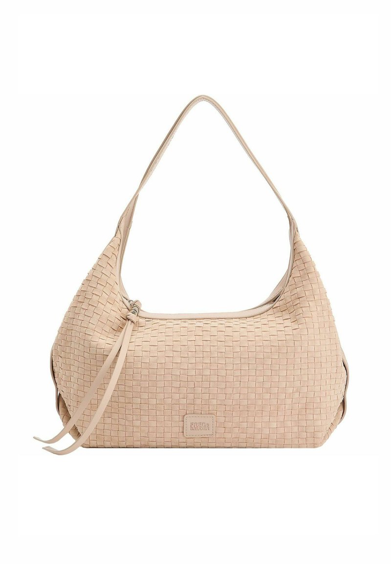 Borsa a tracolla in pelle intrecciata di un beige chiaro, con forma hobo, dotata di un'unica tracolla e di una discreta tasca con logo sulla parte frontale.