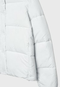 Lysegrå dunjakke med quiltet design. Har tyk polstring og en glat, blød tekstur, der fremhæver varme og isolering.