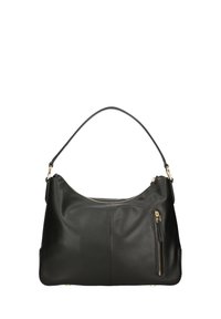 Borsa a spalla in pelle nera con una texture liscia, una cerniera dorata sulla parte superiore e una tasca esterna con zip per ulteriore spazio di archiviazione. Forma arrotondata con manico.