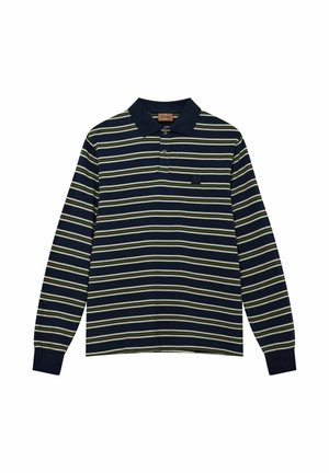 Long-sleeve polo shirt in navy blue with alternating light green and white stripes. Features a collar and three-button placket.