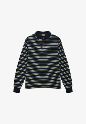 Long-sleeve polo shirt in navy blue with alternating light green and white stripes. Features a collar and three-button placket.