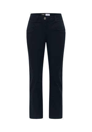 Zwarte damesbroek met rechte pijpen, voorzien van een knoop- en ritssluiting aan de voorkant en zijzakken, afgebeeld tegen een witte achtergrond.