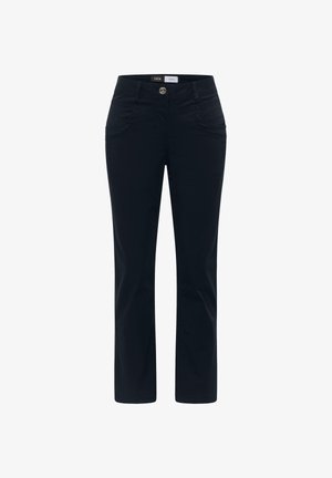 Sorte kvinderette bukser med frontknap, lynlås og sidelommer, vist mod en hvid baggrund.