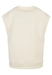Sweat-shirt sans manches écru avec col rond, emmanchures et ourlet côtelés, présenté de dos sur fond blanc.