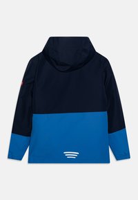 Blau und marinefarbener Windbreaker mit Kapuze, mit einem zweifarbigen Design und einem reflektierenden Detail am Saum. Glattes, leichtes Material.