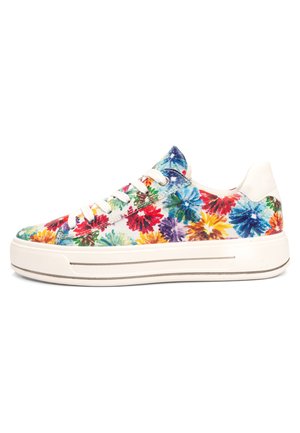 Low-top sneaker with white sole and multicolored abstract floral pattern covering the upper, white laces, and a white heel tab.