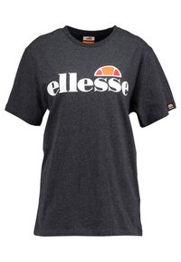 Gray cotton t-shirt with short sleeves, featuring a prominent white logo and an orange and red accent above the logo on the front.