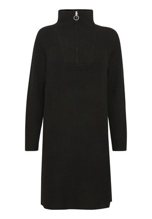 Melnas adītas kleitas ar augstu apkakli un rāvējslēdzēju. Iezīmē teksturētu rakstu un garas piedurknes. Taisna silueta.