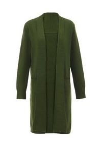 Cardigan verde lavorato a maglia con dettagli a coste, apertura frontale, maniche lunghe e due tasche frontali. Texture morbida e design di lunghezza media.