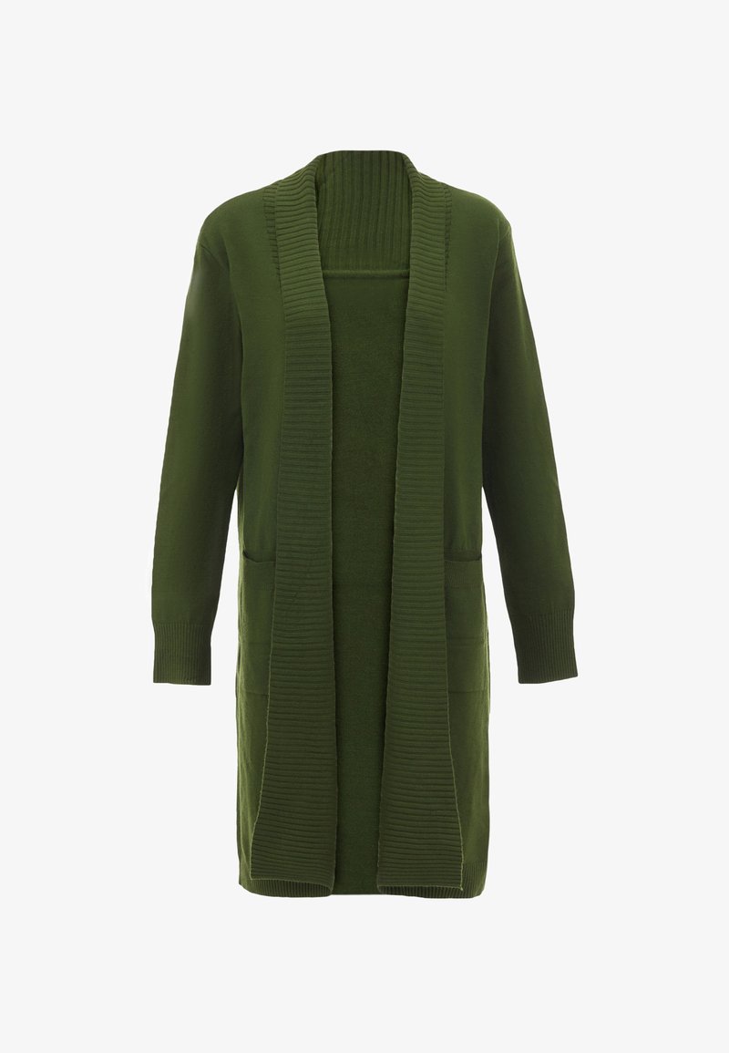 Zöld kötött kardigán bordás részletekkel, nyitott elülső résszel, hosszú ujjak és két elülső zseb. Puha tapintású és középhosszú kialakítás.