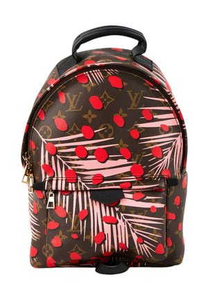 Petit sac à dos marron avec monogramme Louis Vuitton, décoré de feuilles de palmier roses et de points rouges dispersés, avec une poche avant zippée et une poignée noire.