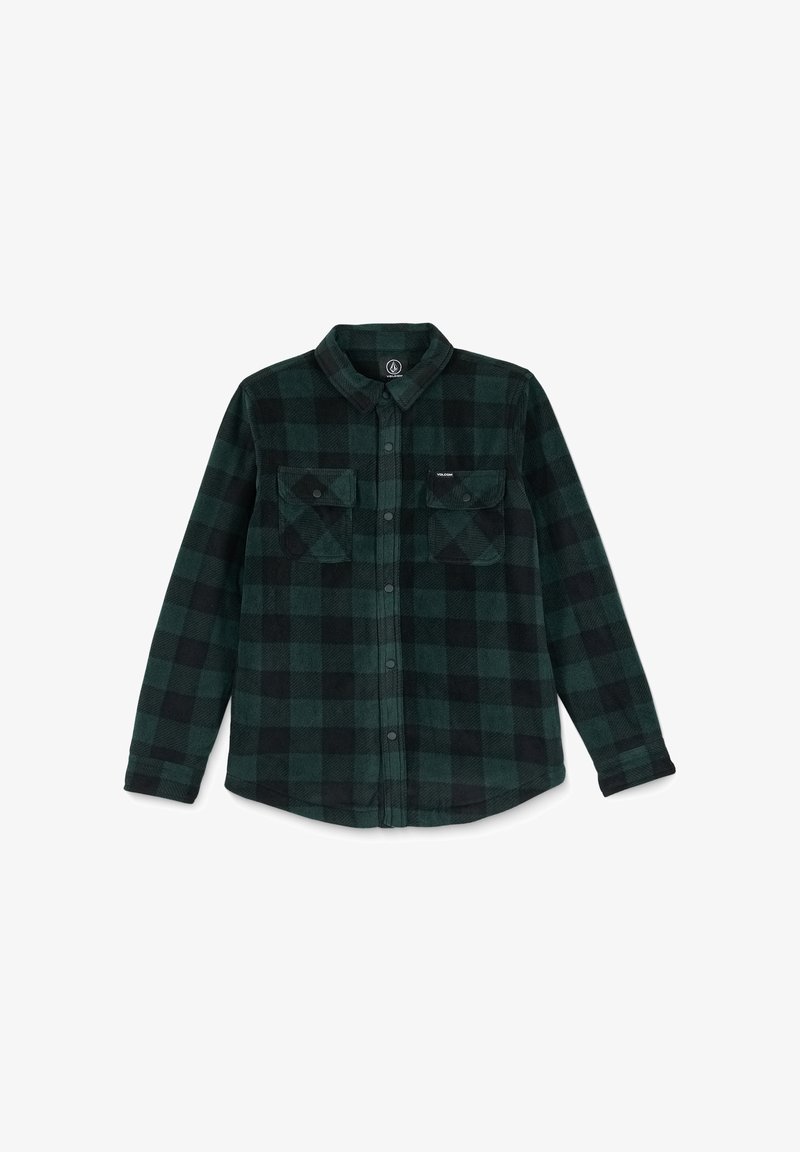 Chemise en flanelle à carreaux verts et noirs avec un col boutonné, deux poches poitrine et des manches longues. Texture douce, coupe décontractée.