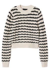 Pull en maille crème avec rayures horizontales noires floues, col rond côtelé, poignets et ourlet.