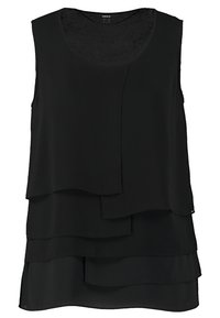 Černý bezrukávový top s vrstveným designem, vyrobený z lehkého materiálu. Má kulatý výstřih a mírně volný střih.