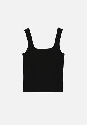 Top nero in tessuto a coste con spalline larghe e scollo quadrato, mostrato disteso su sfondo bianco.