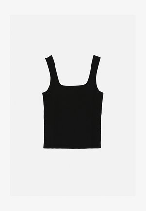 Zwarte geribbelde stoffen tanktop met brede bandjes en een vierkante halslijn, plat liggend op een witte achtergrond.