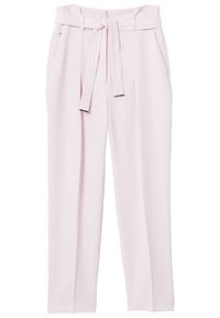 Lichtroze op maat gemaakte broeken met een hoge taille, wijde pijpen en een bijpassende riem. Bevat voorzakken en een gladde stoftextuur.