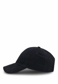 Sort kordfløjbasketcap med en buet skygge, tekstureret overflade og et justerbart rem bagpå. Rund top med seks ventilationshuller.
