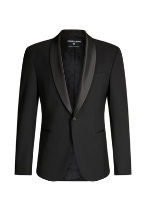 Schwarzer Blazer mit Satin-Revers, Ein-Knopf-Verschluss, schlanke Passform und gemusterter, strukturierter Innenfutter. Verfügt über eine Vorderentasche und ein elegantes Design.