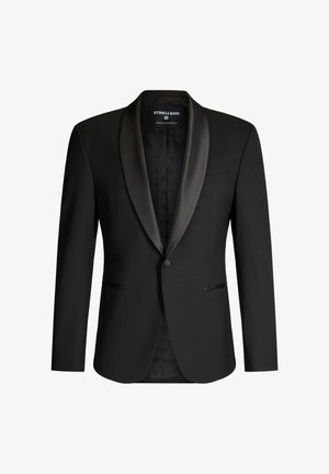 Schwarzer Blazer mit Satin-Revers, Ein-Knopf-Verschluss, schlanke Passform und gemusterter, strukturierter Innenfutter. Verfügt über eine Vorderentasche und ein elegantes Design.