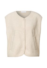 Gilet de couleur crème avec une texture douce et moelleuse, col rond et fermeture à boutons sur le devant. Dispose de poches latérales et d'épaules sans coutures.