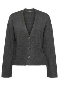 Grauer Strickcardigan mit tiefem V-Ausschnitt, drei Knöpfen und zwei vorderen Taschen. Rippbündchen und -saum verleihen dem Design eine Textur.