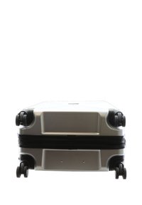 Hartschalen-Silberkoffer mit strukturierten Oberflächen, schwarzen Akzenten, vier Rädern und einem ausziehbaren Griff. Mit Reißverschluss oben verschlossen.