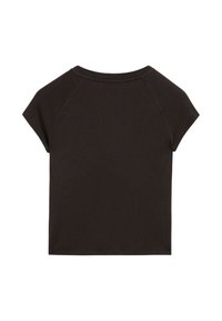 T-shirt noir à manches courtes avec col rond et manches raglan, présenté à plat sur un fond blanc.