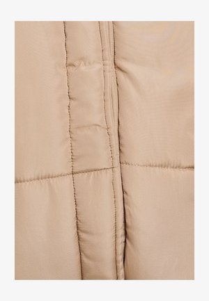 Beige puffer jacket fabric with a smooth texture, featuring horizontal stitching and a closely spaced quilted pattern for insulation.