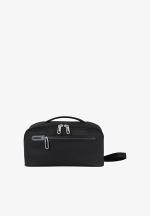Borsello da toilette rettangolare nero con due tiretti argentati sulla parte superiore, una zip sulla tasca frontale, manico sui lati e sulla parte superiore, logo American Tourister.