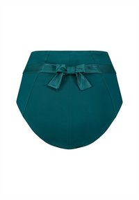 Bas de bikini taille haute en teal en matière lisse, orné d'un accent nœud à la taille et d'une coupe structurée avec des lignes courbes élégantes.