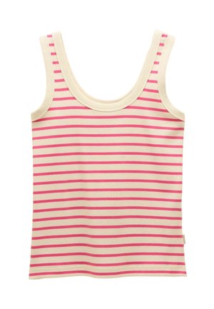 Gestreiftes Trägertop mit einem cremefarbenen Grund und horizontalen rosa Streifen. Verfügt über einen runden Halsausschnitt und breite Träger. Weiche Stofftextur.