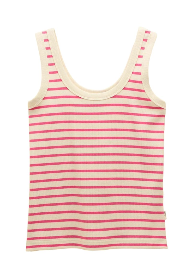 Prúžkovaná tielko s krémovým podkladom a horizontálnymi ružovými pruhmi. Má okrúhly výstrih a široké ramienka. Mäkká textúra látky.