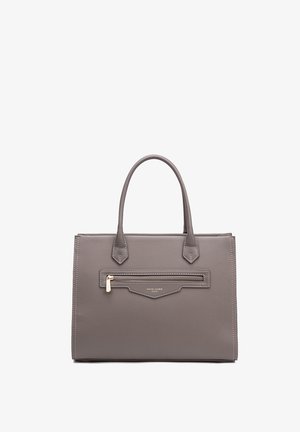 Grijze leren handtas met dubbele handvatten, een voorvak met ritssluiting en gouden ritstrekker, en een subtiel merklogo onder de rits.