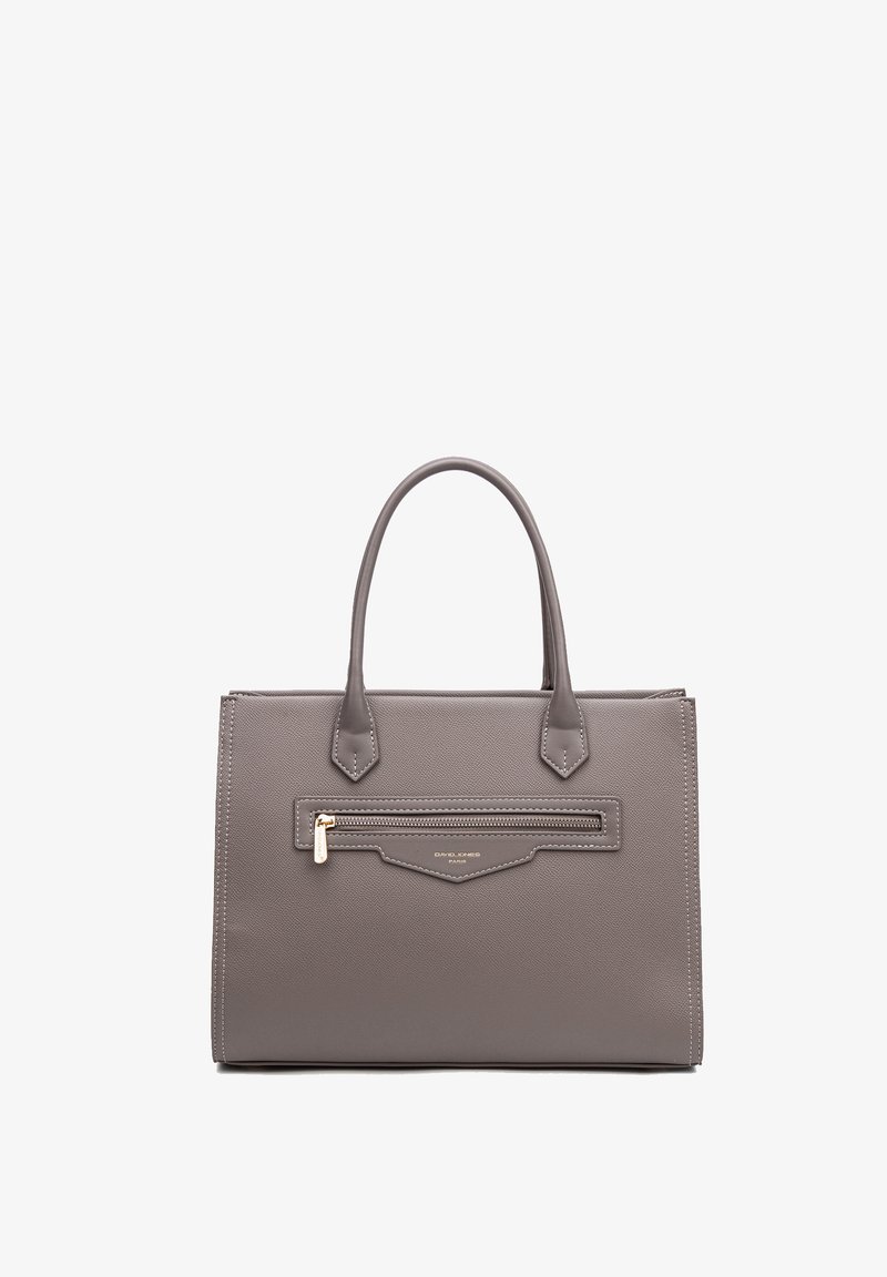 Borsa a tracolla in pelle grigia con doppi manici, tasca frontale con cerniera e tiretto dorato, e logo del marchio discreto sotto la cerniera.